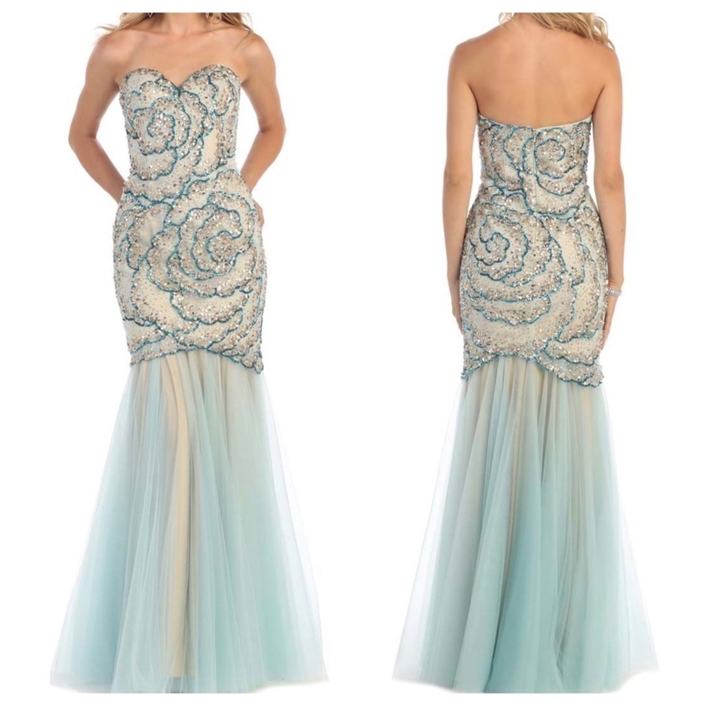 NEW Royal Queen Aqua Beige Floral Sequin Beaded Mermaid Gown US 6